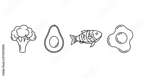 Line art icons of broccoli, avocado, fish, and egg representing nutrition balance, health, healthy habits, mindful eating, wellness  