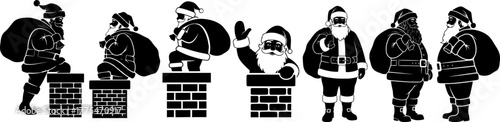 Jolly santa claus silhouettes collection showing various poses with chimneys gift sacks and festive christmas delivery activities
