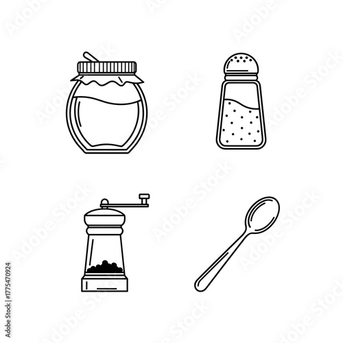 Set of kitchen condiments including honey jar, salt shaker, and spoon  , pepper 