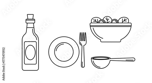 Line art of salad bowl, bottle, plate, fork, and spoon for nutrition balance, health, healthy habits, mindful eating, wellness  