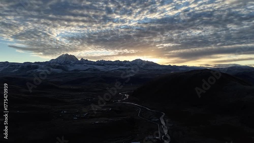 Morning Aerial Drone Footage of Gu'nong Village Gulongcun and Yala Snow Mountain Sichuan, China