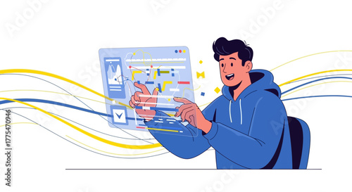 Young Man Interacting With Futuristic Technology Interface And Digital Visualization