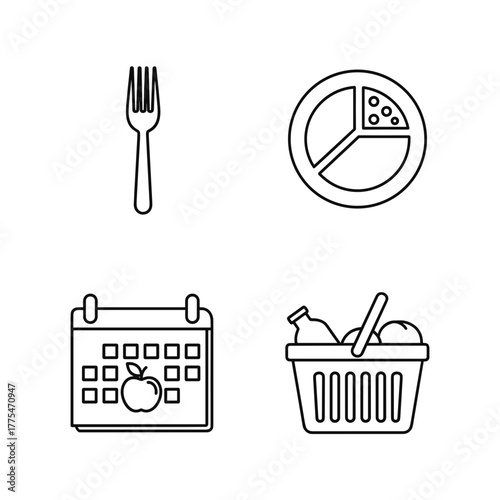 Nutrition balance symbols including fork, plate,  calendar, and food basket  