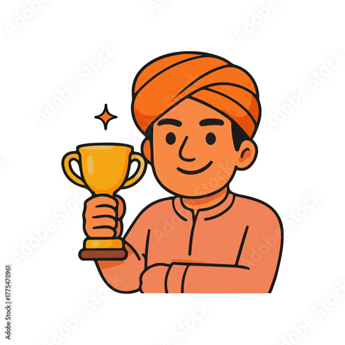 Indian man holding trophy illustration. Character in orange turban smiling proudly with golden cup award in flat cartoon style.