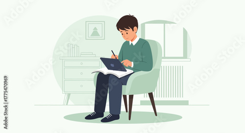 Young Man Studying While Using Digital Tablet and Notebook, Doing Homework At Home