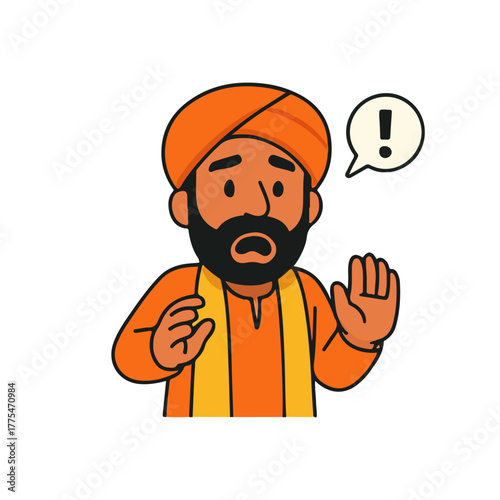 Indian man surprised illustration. Shocked bearded character in orange traditional outfit with turban showing hand gesture
