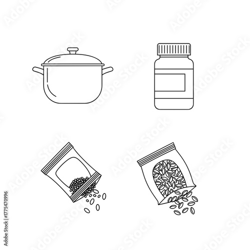 Kitchen utensils and ingredients line art for healthy nutrition balance  chia seeds 
