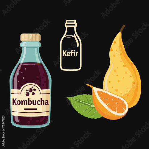 Kombucha and kefir bottles with pear and orange on dark background  