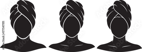 Three elegant black silhouettes of women wearing stylish turbans silhouette