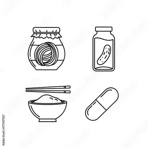 Jar of fermented noodles kimchi , pickles, rice bowl, and capsule on white background  