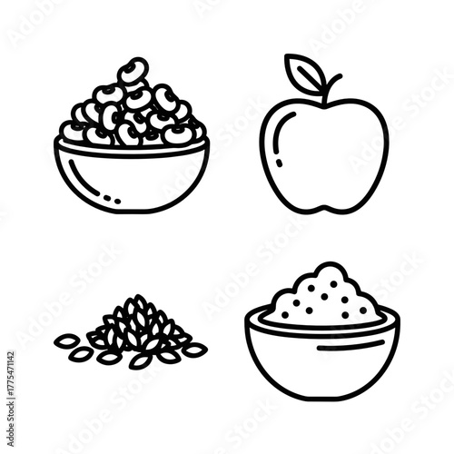 Healthy food items including nuts, apple,  chia seeds, and grains in bowls  