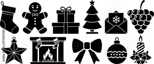 Christmas holiday icon collection featuring stocking gingerbread tree gifts wreath and ornaments for festive seasonal design
