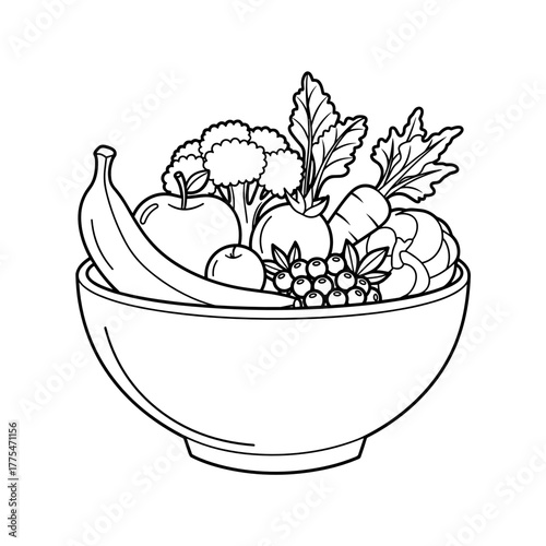 Bowl filled with assorted fruits and vegetables for nutrition balance, gut health, healthy habits, mindful eating, wellness  