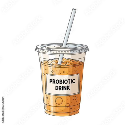 Probiotic drink in a transparent cup with a straw on white background  