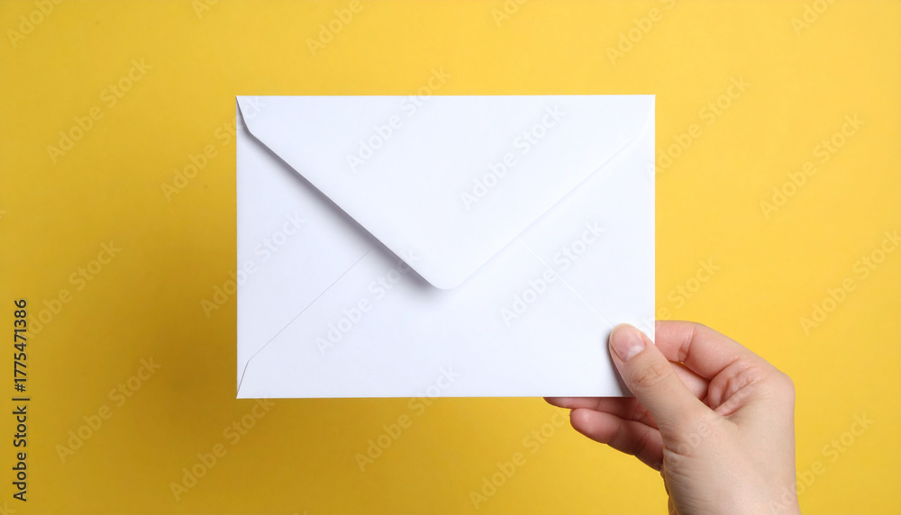 Fototapeta premium Hand holding white envelope on yellow background