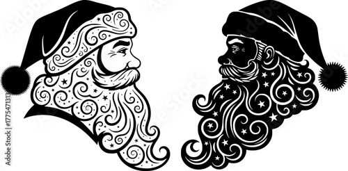 Santa claus head silhouettes pair with ornamental swirl patterns beard showcasing festive christmas holiday character art