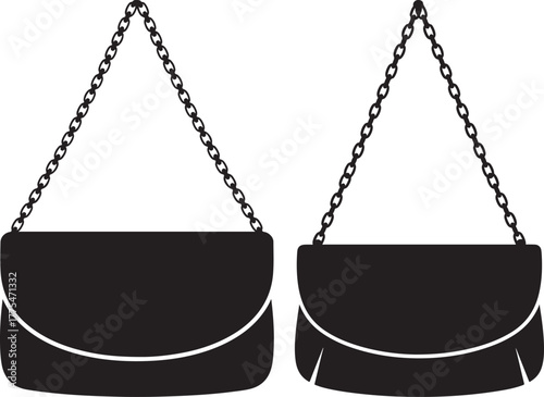 Two elegant black evening clutch purses with chain straps silhouette