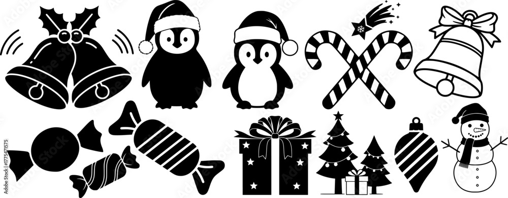 Fototapeta premium Adorable christmas holiday icons collection with bells penguin candy canes gifts trees and festive decorative elements silhouettes