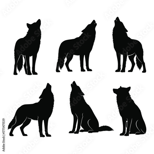Collection of six black wolf silhouettes in various howling poses, standing and sitting, creating a dynamic set of wild animal graphics for design.