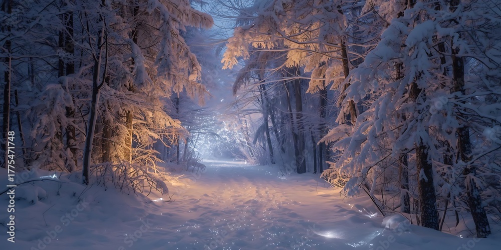 Obraz premium Snowy forest path glowing under winter trees at dusk