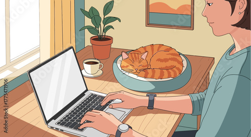 Woman Working From Home Alongside a Sleeping Feline Friend and Laptop