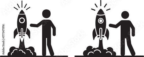 Two figures standing next to rockets launching into the sky silhouette