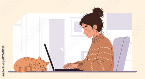 Woman Working From Home Cozy Atmosphere Beside Sleeping Pet Cat Laptop Illustration
