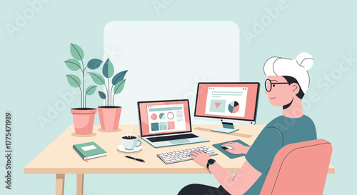 Woman Working From Home Using Laptop And Desktop Computer In A Modern Workspace