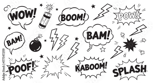 Comic bomb boom vector element. Hand drawn cartoon explosion bomb effect, splash, exclamation smoke element. Doodle hand drawn text boom, pow, wow. Vector illustration.