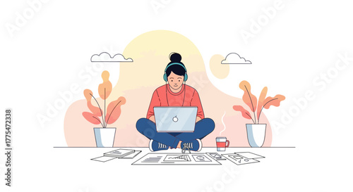 Woman Working Remotely On Laptop Surrounded By Papers And Plants With Cozy Ambience
