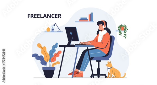 Woman Working Remotely At Home Office While Enjoying The Daily Freelance Tasks