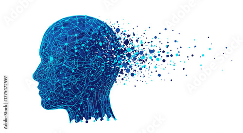 Abstract digital human head profile dissolving into data particles, representing concepts of artificial intelligence, memory, technology, and mental health.