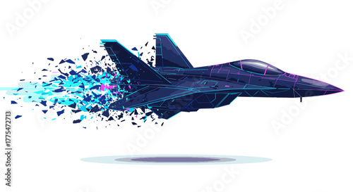 An advanced military jet, rendered with a dynamic digital particle effect, powerfully disintegrates into glowing blue fragments against a clean white backdrop.