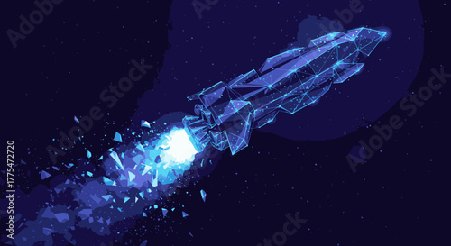 A futuristic, glowing blue polygonal spaceship blasts off into the dark expanse of space, leaving a dynamic trail of light and energy behind.