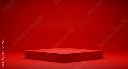 Minimalist red podium or pedestal on a solid red background