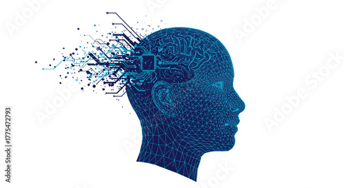 A conceptual digital illustration featuring a wireframe human head with integrated circuit board elements and dissolving data, symbolizing advanced AI and computational thought.