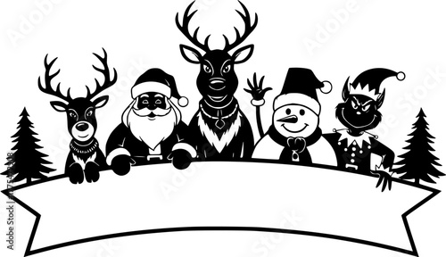 Joyful christmas characters group silhouette with santa reindeer snowman and elf holding blank banner for festive holiday greeting