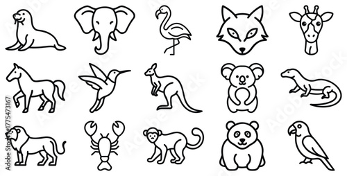 A cute cartoon animal vector set of silhouettes including a dog, cat, lion, tiger, bear, elephant, rabbit, giraffe, cow, horse, sheep, and mouse