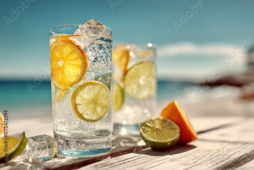 Cold soda drink with ice and fresh citrus slices on coastal table perfect for summer vacation refreshment leisure beach party and tropical beverage advertising promotion concepts