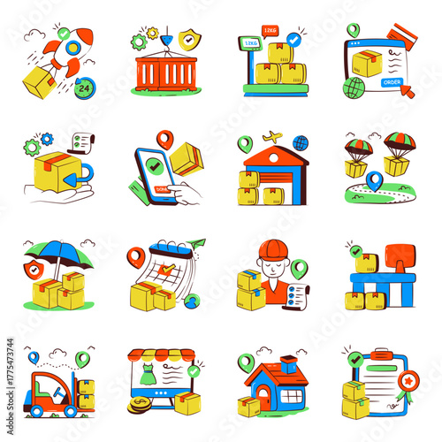 Set of Cargo Doodle Icons
