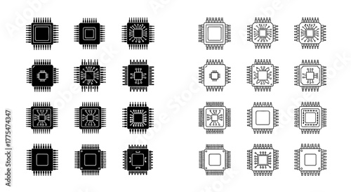 Collection of black and white microchip icons and integrated circuit symbols in a grid layout, representing electronic components.