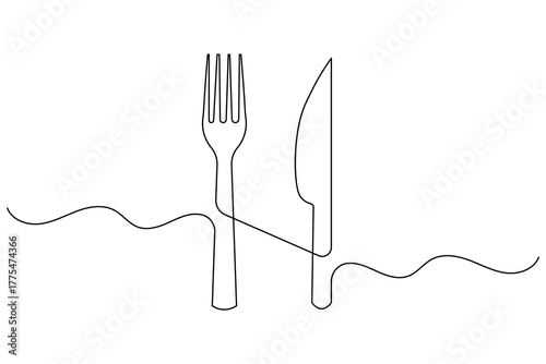 Minimalist continuous line drawing of a fork and knife, perfect for restaurant branding, menus, or kitchen decor