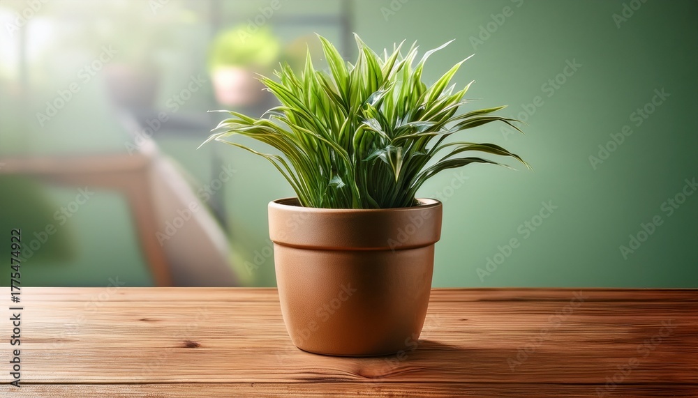 Fototapeta premium green plant in pot on wooden table