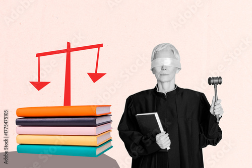 Canvas Print Full artwork banner creative collage of serious attorney old woman wear blindfol