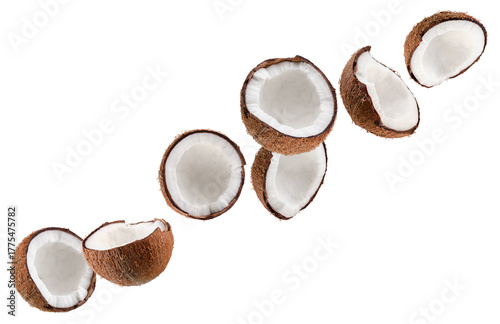 Beautifully retouched coconut halves fly through space, forming a chain shape. Isolated on white.