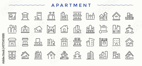 Apartment icon set. Home icon pack. Perfect for logos and infographic. Contains related to building, mortgage, house, construction, estate, property. Editable vector. Pixel perfect.