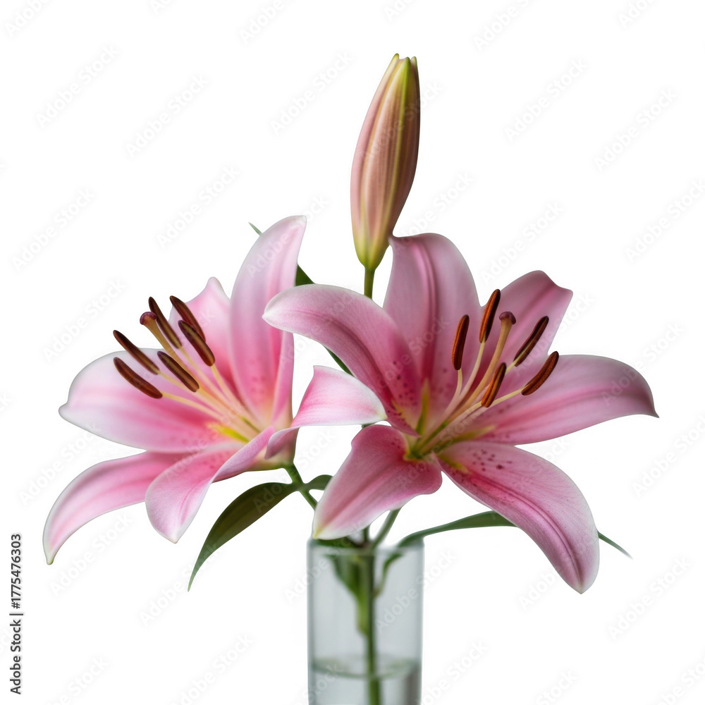 Fototapeta premium Delicate pink lilies with bud in a clear vase isolated on transparent background