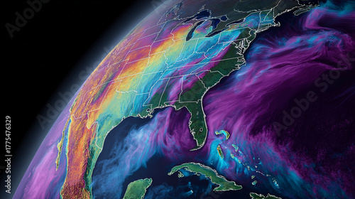 Thermal satellite imagery capturing hurricanes and global temperature shifts, highlighting Earth's climate change impacts for news and scientific analysis.
