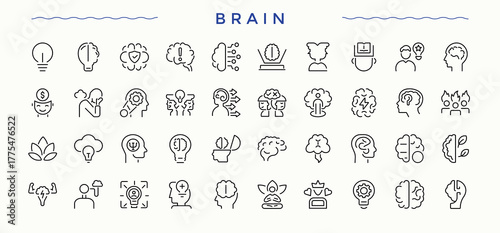 Brain icon set. Brainstorm icon set in linear style. Minimalist linear icons. Contains outline symbols like mind, psychology, mental, head and more. Signs for web and mobile app.