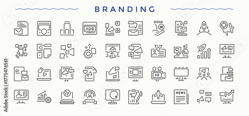 Branding icon set. Pack of strategy, brand, product, company and more. Identity icon set. Minimal icons set. Editable stroke. Pixel Perfect.